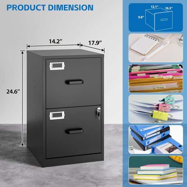 2 Drawer File Cabinet with Lock Vertical Filing Storage Cabinet Office Home Steel Vertical File Cabinets for A4 Legal/Letter Size File Cabinet Locked,Assembly Required - Image 2
