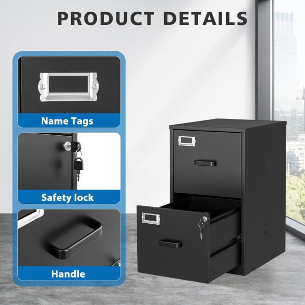 2 Drawer File Cabinet with Lock Vertical Filing Storage Cabinet Office Home Steel Vertical File Cabinets for A4 Legal/Letter Size File Cabinet Locked,Assembly Required - Image 4