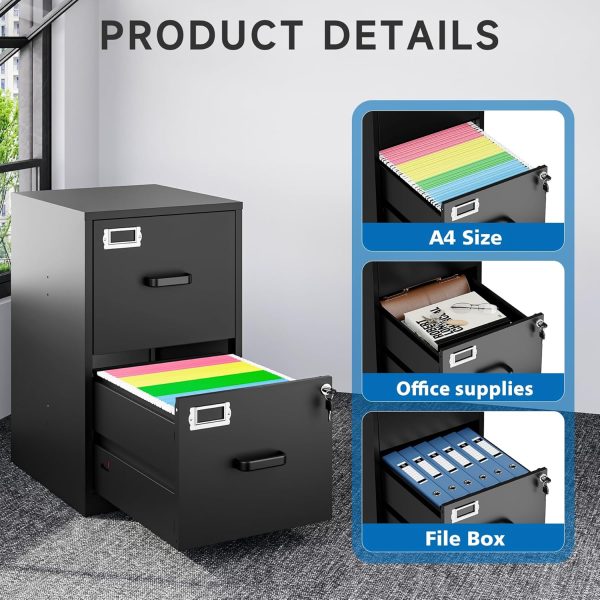 2 Drawer File Cabinet with Lock Vertical Filing Storage Cabinet Office Home Steel Vertical File Cabinets for A4 Legal/Letter Size File Cabinet Locked,Assembly Required - Image 5