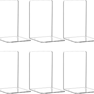HappyHapi Book Ends, Acrylic Bookends, Clear Book Holders for Shelves, Book Organizer with 24 Pcs Silicone Non-Slip Mats for Library Office School (5 * 5 * 7.3 inch 3mm Thickness 3 Pairs/ 6 Pcs)