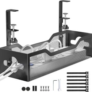 Under Desk Cable Management Tray No Drill, Metal Mesh Cable Management Under Desk with Clamp Mount, 2 Hole Cable Tray with Desk Wire Management and Desk Cord Organizer for Home Office Standing Desk