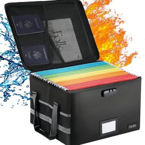 Upgraded File Box with Lock, Fireproof Document File Organizer Box with Water-Resistant Zipper & Adjustable Handle, Collapsible Filing File Cabinet for Hanging Letter/Legal Folder (Black)
