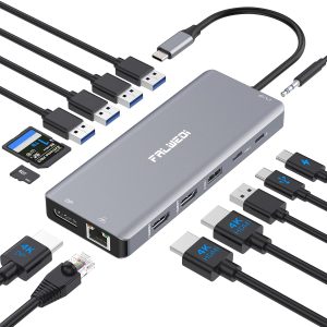 USB C Laptop Docking Station Dual Monitor, 14 in 1 USB C Hub Multiport Adapter Dongle with 2 HDMI, DisplayPort, RJ45, SD/TF, USB C/A Ports, PD, Mic/Audio, Compatible for MacBook Dell HP Lenove