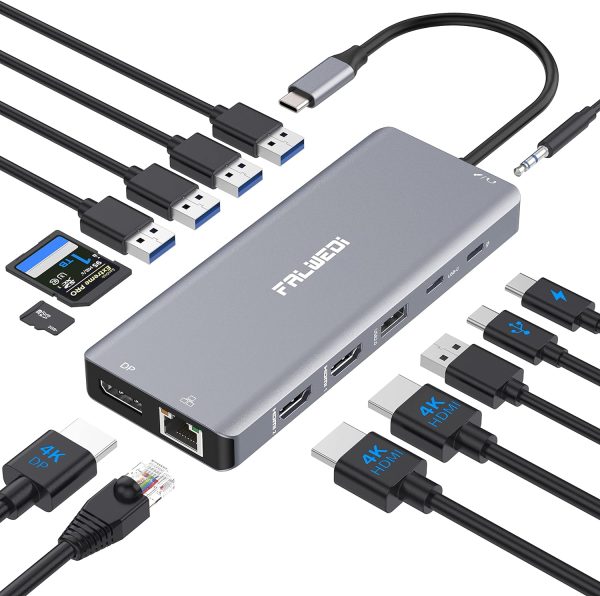 USB C Laptop Docking Station Dual Monitor, 14 in 1 USB C Hub Multiport Adapter Dongle with 2 HDMI, DisplayPort, RJ45, SD/TF, USB C/A Ports, PD, Mic/Audio, Compatible for MacBook Dell HP Lenove